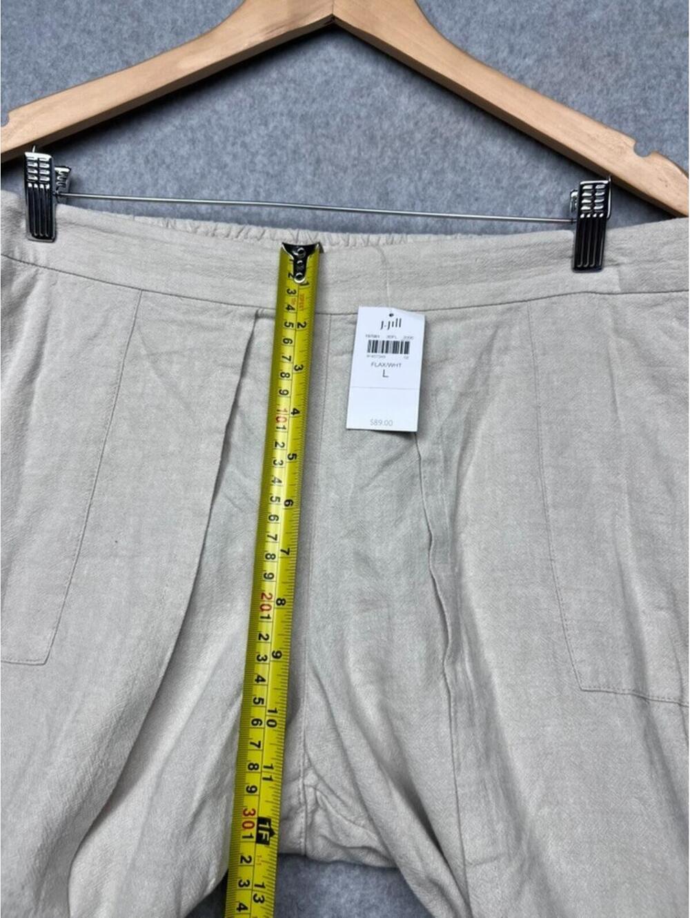 Pure Jill Linen Wide Leg Pants L Beige Striped Border Hem Crop Coastal Boho New - Picture 5 of 11